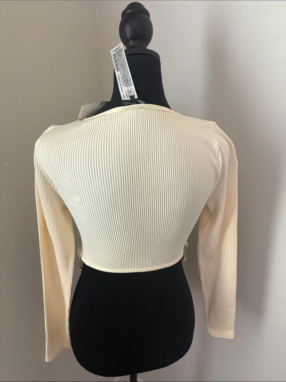 Zara Cream Rib-Knit Long Sleeve Crop Top with Beaded Fringe